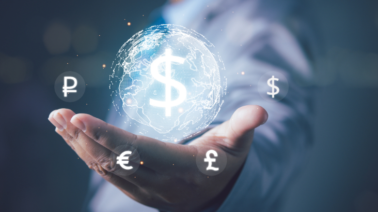 Global currency exchange and forex. Businessman holding global with currency icon